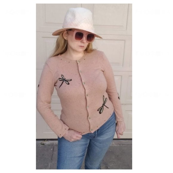 Deborah Lindquist One of a Kind Recycled Cashmere Dragonfly Cardigan Beaded